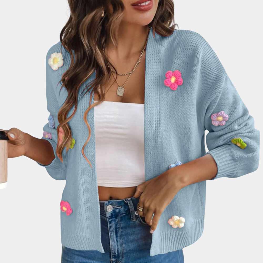 Gebreid Damesvest met 3D Bloemen – Maribel