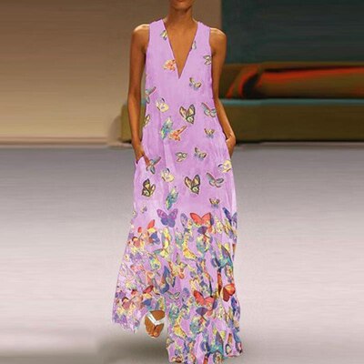 Trendy Mouwloos Maxi Zomerjurk met Vlinderpatroon – Malia
