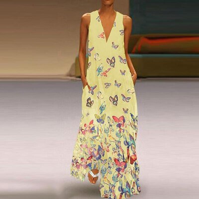 Trendy Mouwloos Maxi Zomerjurk met Vlinderpatroon – Malia