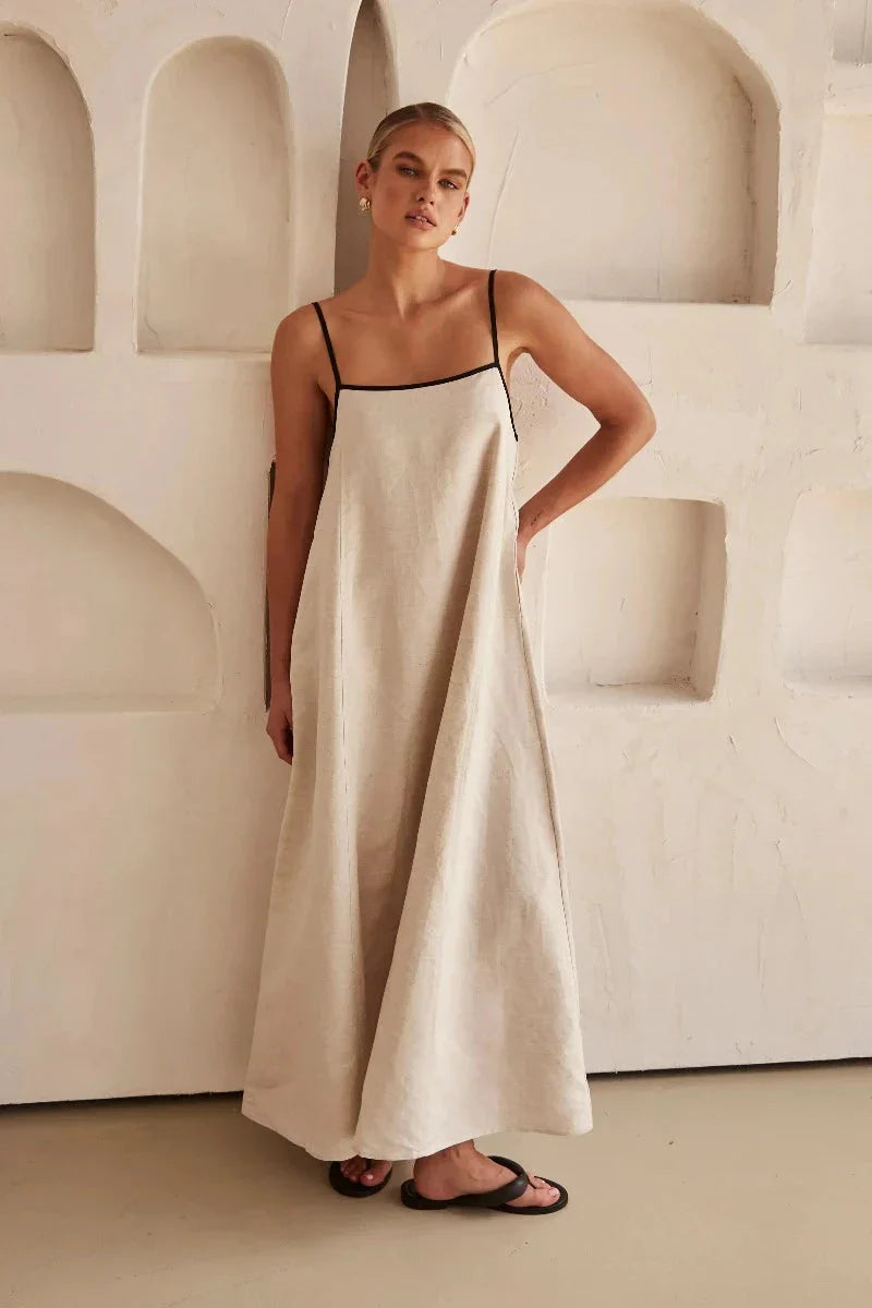 Mouwloze Beige Boho Maxi Jurk in Linnenlook – Elin