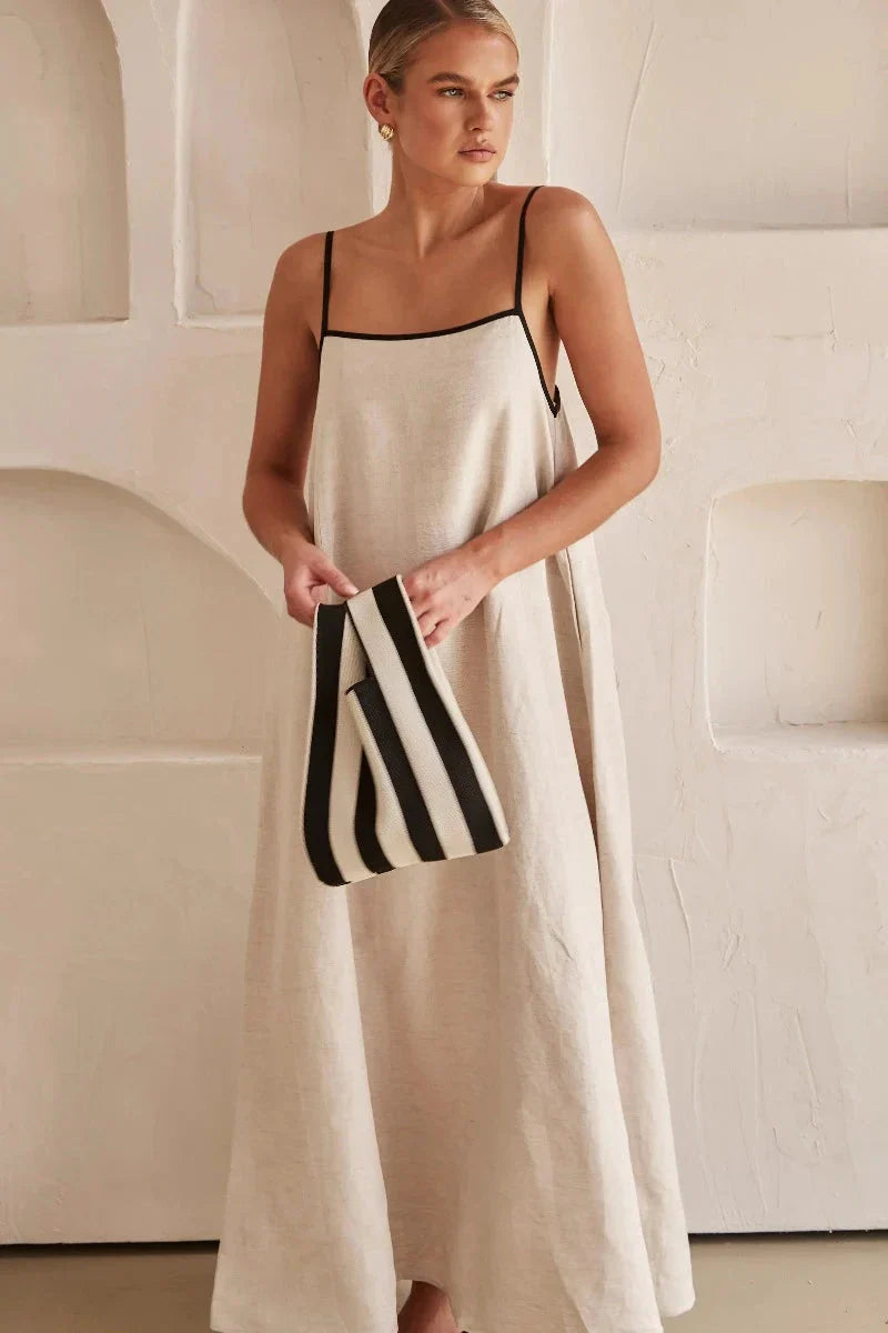 Mouwloze Beige Boho Maxi Jurk in Linnenlook – Elin