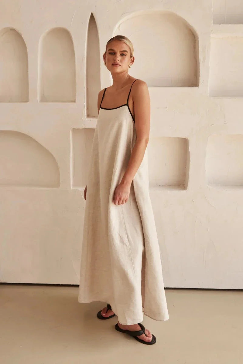Mouwloze Beige Boho Maxi Jurk in Linnenlook – Elin
