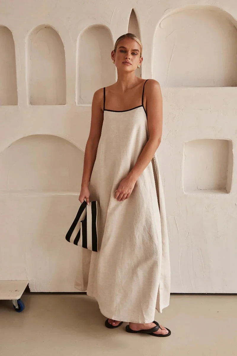 Mouwloze Beige Boho Maxi Jurk in Linnenlook – Elin