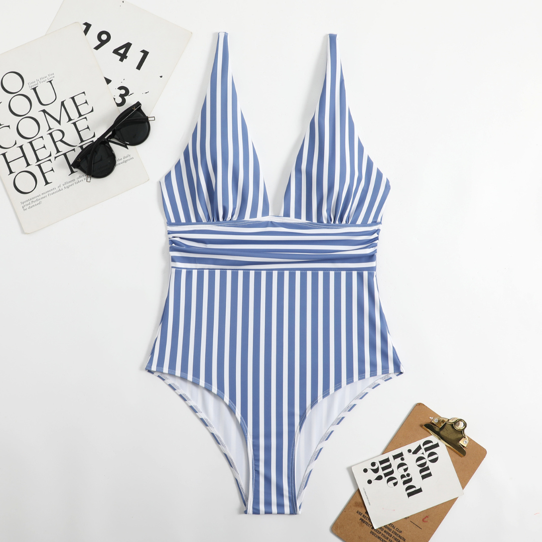 Trendy Dames Badpak met V-hals en Streeppatroon – Lina