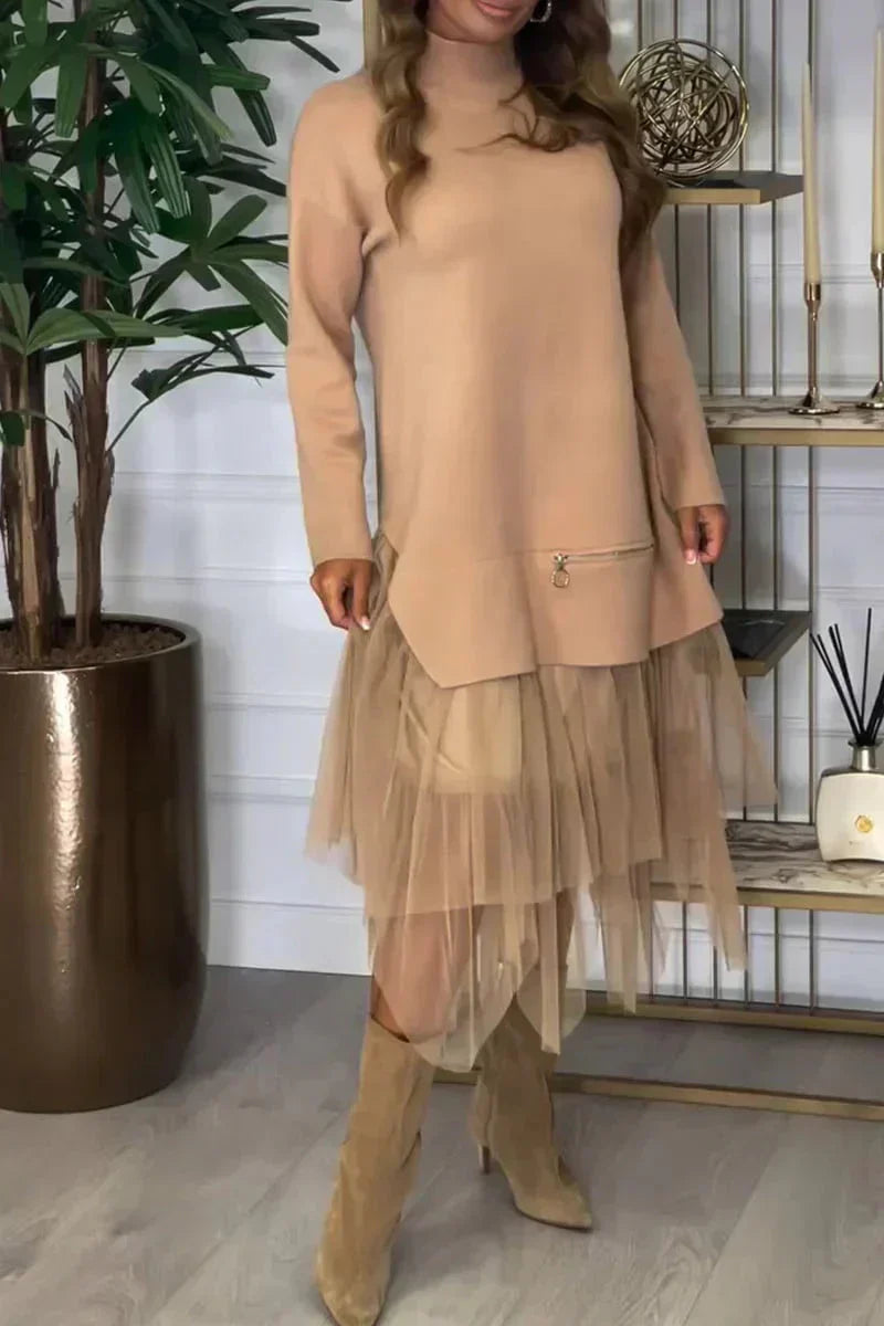 Casual Jurk Met Lange Mouwen En Mesh Rok – Ysolde