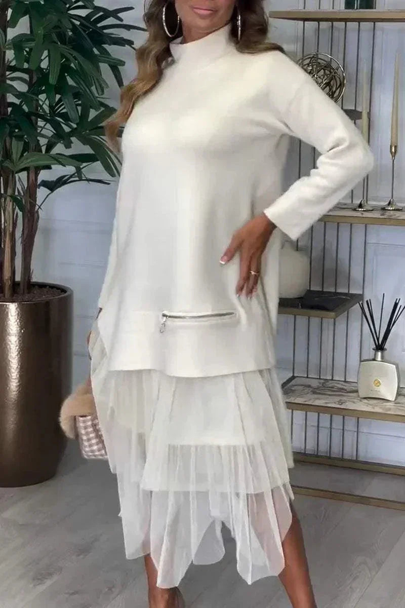 Casual Jurk Met Lange Mouwen En Mesh Rok – Ysolde