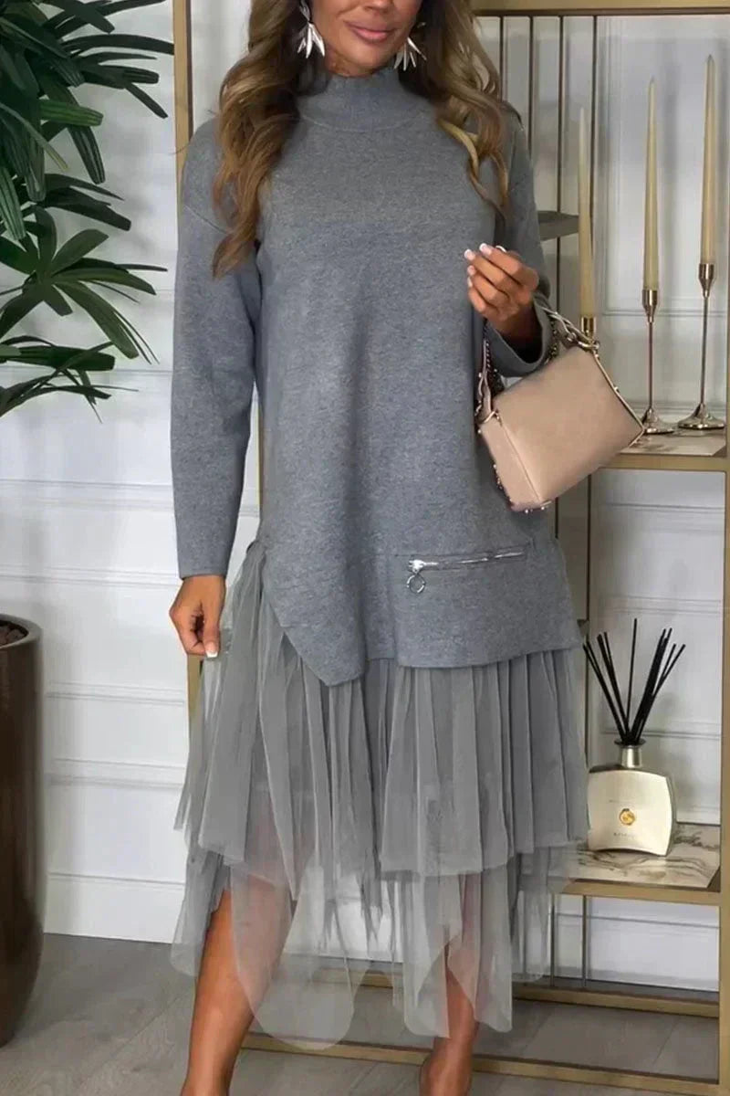Casual Jurk Met Lange Mouwen En Mesh Rok – Ysolde